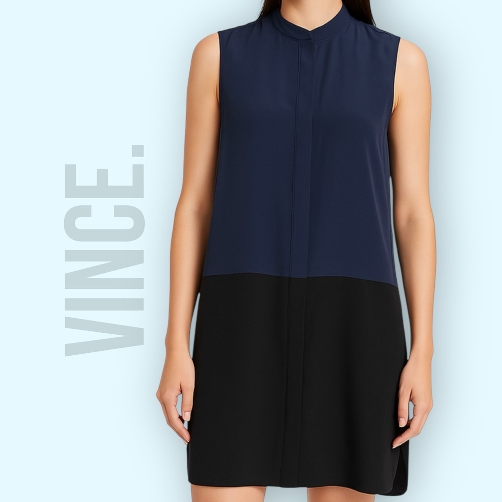 VINCE Tunic Blouse Womens Medium Navy Blue Black 100% Silk Colorblock Sleeveless